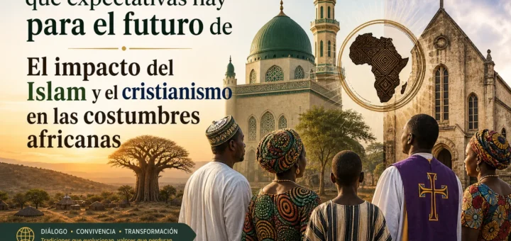 Blog post cover about Islam and Christianity in African customs, with diverse people facing a mosque and a church at sunset.